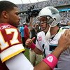CHARLOTTE, NC - OCTOBER 11:  Jason Campbell #17 of Washington Redskins talks to Jake Delhomme #17 of the Carolina Panthers after their game at Bank of America Stadium on October 11, 2009 in Charlotte, North Carolina.  (Photo by Streeter Lecka/Getty Images