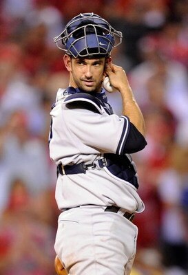 ANAHEIM, CA - OCTOBER 22:  Catcher Jorge Posada #20 of the New York Yankees waits being pitches against the Los Angeles Angels of Anaheim during the eight inning in Game Five of the ALCS during the 2009 MLB Playoffs at Angel Stadium on October 22, 2009 in