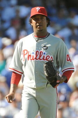LOS ANGELES, CA - OCTOBER 16:  Pedro Martinez #45 of the Philadelphia Phillies pitches against the Los Angeles Dodgers during Game Two of the NLCS during the 2009 MLB Playoffs at Dodger Stadium on October 16, 2009 in Los Angeles, California.  (Photo by Ha