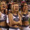 FORT WORTH, TX - OCTOBER 16:  TCU Horned Frogs cheerleaders wear pink ribbons for Breast Cancer Awareness month during play against the BYU Cougars at Amon G. Carter Stadium on October 16, 2008 in Fort Worth, Texas.  (Photo by Ronald Martinez/Getty Images