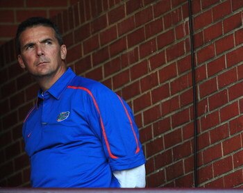 STARKVILLE, MS - OCTOBER 24:  Head coach Urban Meyer of the University of Florida Gators, during pre game warmup up against the Mississippi State Bulldogs, at Davis Wade Stadium on  October 24, 2009 in Starkville, Mississippi  (Photo by Rick Dole/Getty Im