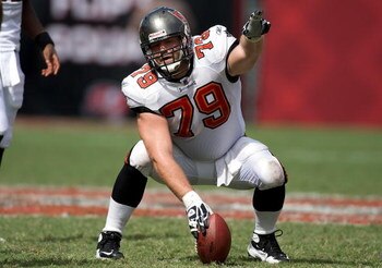 TAMPA, FL - SEPTEMBER 27:  Center Sean Mahan #79 of the Tampa Bay Buccaneers calls a play at the line against the New York Giants during the game at Raymond James Stadium on September 27, 2009 in Tampa, Florida.  (Photo by J. Meric/Getty Images)