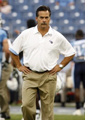 NASHVILLE, TN - AUGUST 15: Jeff Fisher, head coach of the Tennessee Titans looks on during pregame warmups against the Tampa Bay Buccaneers during a preseason NFL game at LP Field on August 15, 2009 in Nashville, Tennessee. The Titans beat the Buccaneers 