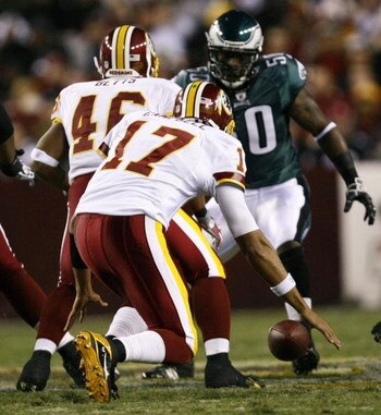 LANDOVER, MD - OCTOBER 26:  Quarterback Jason Campbell #17 of the Washington Redskins fumbles the ball during the first quarter of the game against the Philadelphia Eagles at FedEx Field October 26, 2009 in Landover, Maryland. (Photo by Win McNamee/Getty 