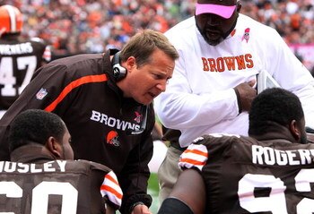 CLEVELAND - OCTOBER 04:  Head coach Eric Mangini of the Cleveland Browns looks on against the Cincinnati Bengals during their game at Cleveland Browns Stadium on October 4, 2009 in Cleveland, Ohio.  (Photo by Jim McIsaac/Getty Images)