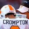 TUSCALOOSA, AL - OCTOBER 24:  Head coach Lane Kiffin of the Tennessee Volunteers converses with quarterback Jonathan Crompton #8 against the Alabama Crimson Tide at Bryant-Denny Stadium on October 24, 2009 in Tuscaloosa, Alabama.  (Photo by Kevin C. Cox/G