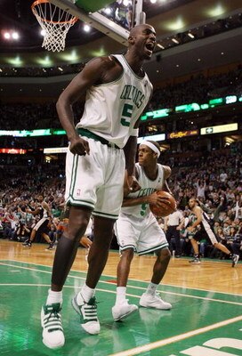 BOSTON - FEBRUARY 08:  Kevin Garnett #5 of the Boston Celtics celebrates a shot against the San Antonio Spurs on February 8, 2009 at TD Banknorth Garden in Boston, Massachusetts. The Spurs defeated the Celtics 105-99. NOTE TO USER: User expressly acknowle