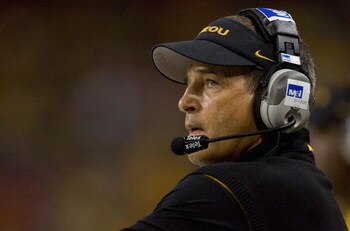 ST. LOUIS, MO - SEPTEMBER 5: Head coach Gary Pinkel of the University of Missouri Tigers looks on from the sideline against the University of Illinois Fighting Illini during the State Farm Arch Rivalry on September 5, 2009 at the Edward Jones Dome in St. 