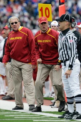 LAWRENCE, KS - OCTOBER 10:  Defensive Coordinator/Linebackers coach Wally Burnham and Head Coach Paul Rhoads of the Iowa State Cyclones argue a call during the game against the Kansas Jayhawks on October 10, 2009 at Memorial Stadium in Lawrence, Kansas. (