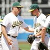 OAKLAND, CA - JUNE 28:  Manager Bob Geren takes out Vin Mazzaro #54 of the Oakland Athletics in the sixth inning of their game against the Colorado Rockies at the Oakland Coliseum on June 28, 2009 in Oakland, California.  (Photo by Ezra Shaw/Getty Images)