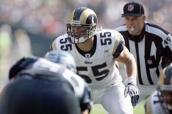 SEATTLE, WA - SEPTEMBER 13:  James Laurinaitis #55 of the St. Louis Rams gets ready to move off the line during the game against the Seattle Seahawks on September 13, 2009 at Qwest Field in Seattle, Washington. The Seahawks defeated the Rams 28-0. (Photo 