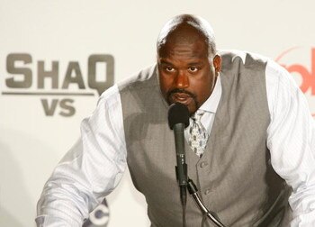 LAS VEGAS - AUGUST 18:  Shaquille O' Neal of the Cleveland Cavaliers talks as he tapes a segment with boxer Oscar De La Hoya for the new ABC television series 'Shaq Vs.' at the Planet Hollywood Resort & Casino August 18, 2009 in Las Vegas, Nevada. The rea