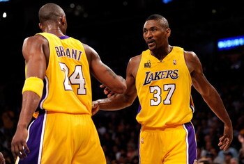 EL SEGUNDO, CA - SEPTEMBER 29:  Kobe Bryant #24 and Ron Artest #37 of the Los Angeles Lakers pose for a photograph during Lakers media day at their training facility on September 29, 2009 in El Segundo, California. NOTE TO USER: User expressly acknowledge