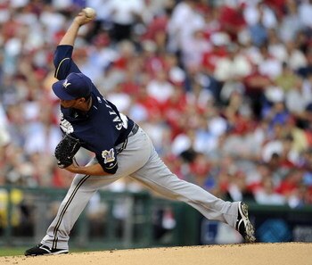 PHILADELPHIA - OCTOBER 1:  Yovani Gallardo #49 of the Milwaukee Brewers delivers in Game 1 of the National League Division Series playoffs against of the Philadelphia Phillies at Citizens Bank Park October 1, 2008 in Philadelphia, Pennsylvania.  (Photo by