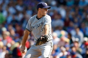 CHICAGO, IL - SEPTEMBER 18: Pitcher Dave Bush #31 of the Milwaukee Brewers pitches the baseball against the Chicago Cubs at the Wrigley Field on September 18, 2008 in Chicago, Illinois. (Photo by Scott Boehm/Getty Images)