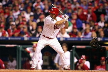 PHILADELPHIA - OCTOBER 25:  Shane Victorino #8 of the Philadelphia Phillies bats against the Tampa Bay Rays during game three of the 2008 MLB World Series on October 25, 2008 at Citizens Bank Park in Philadelphia, Pennsylvania.  (Photo by Jim McIsaac/Gett