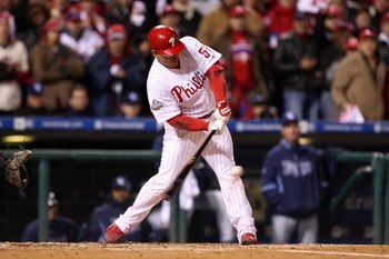 PHILADELPHIA - OCTOBER 29:  Carlos Ruiz #51 of the Philadelphia Phillies grounds into a fielder's chcoice in the bottom of the seventh inning against the Tampa Bay Rays during the continuation of game five of the 2008 MLB World Series on October 29, 2008 