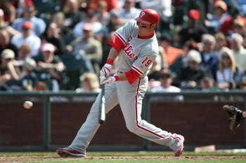 SAN FRANCISCO - MAY 11:  Greg Dobbs #19 of the Philadelphia Phillies bats against the San Francisco Giants on May 11, 2008 at AT&T Park in San Francisco, California. (Photo by Jed Jacobsohn/Getty Images)
