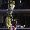 LOS ANGELES - AUGUST 4:  Travis Pastrana completes his first run in the Moto X Best Trick Final during the ESPN X Games on August 4, 2006 at the Staples Center in Los Angeles, California. Pastrana completed a double back flip on his second attempt and won
