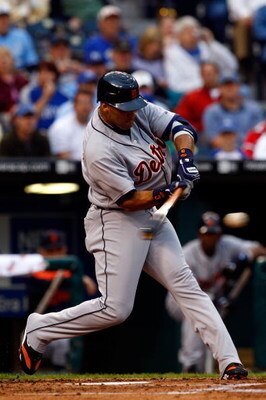 KANSAS CITY, MO - MAY 13:  Gary Sheffield #3 of the Detroit Tigers connects during the game against the Kansas City Royals on May 13, 2008 at Kauffman Stadium in Kansas City, Missouri.  (Photo by Jamie Squire/Getty Images)