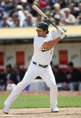 OAKLAND, CA - APRIL 11: Eric Chavez #3 of the Oakland Athletics stands ready at bat against the Chicago White Sox during a Major League Baseball game on April 11, 2007 at McAfee Coliseum in Oakland, California. (Photo by Jed Jacobsohn/Getty Images)