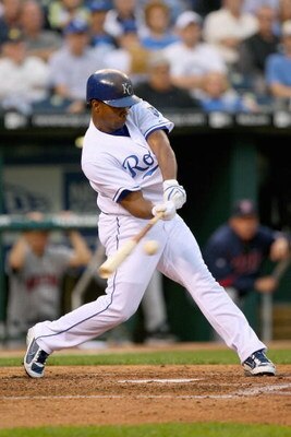 KANSAS CITY, MO - MAY 28:  Jose Guillen#11 of the Kansas City Royals swings at a pitch against the Minnesota Twins on May 28, 2008 at Kauffman Stadium in Kansas City, Missouri. (Photo by G. Newman Lowrance/Getty Images)