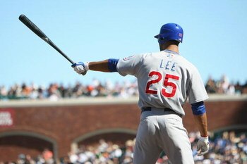 SAN FRANCISCO - JULY 3:   Derrek Lee #25 of the Chicago Cubs bats against the San Francisco Giants during a Major League Baseball game on July 3, 2008 at AT&T Park in San Francisco, California.  (Photo by: Jed Jacobsohn/Getty Images)
