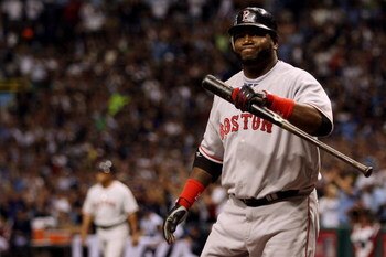 ST PETERSBURG, FL - OCTOBER 19:  David Ortiz #34 of the Boston Red Sox reacts after striking out against the Tampa Bay Rays in game seven of the American League Championship Series during the 2008 MLB playoffs on October 19, 2008 at Tropicana Field in St 
