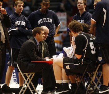 BIRMINGHAM, AL - MARCH 23:  Coach Brad Stevens of the Butler Bulldogs talks with his team during a game against the Tennessee Volunteers during the second round of the East Regional as part of the 2008 NCAA Men's Basketball Tournament at the Birmingham-Je