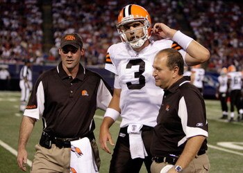 EAST RUTHERFORD, NJ - AUGUST 18:  Derek Anderson #3 of the Cleveland Browns leaves the game with team personal in the second quarter against the New York Giants after suffering an injury on August 18, 2008 at Giants Stadium in East Rutherford, New Jersey.