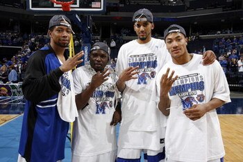 MEMPHIS, TN - MARCH 15: (L to R) Antonio Anderson, Andre Allen, Shawn Taggart and Derrick Rose of the Memphis Tigers pose for a photo after winning their 3rd consecutive CUSA tournament against the Tulsa Golden Hurricane during the finals of the Conferenc