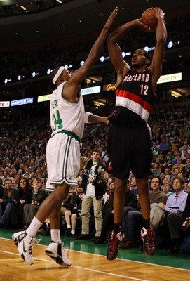 BOSTON - DECEMBER 05:  LaMarcus Aldridge #12 of the Portland Trail Blazers takes a shot as Paul Pierce #34 of the Boston Celtics defends on December 5, 2008 at TD Banknorth Garden in Boston, Massachusetts. The Celtics defeated the Trail Blazers 93-78.  NO