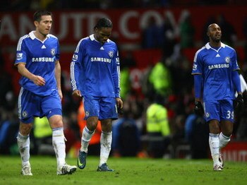 MANCHESTER, UNITED KINGDOM - JANUARY 11:  Frank Lampard, Didier Drogba and Nicolas Anelka (R) of Chelsea leave the pitch dejectedly at the end of the Barclays Premier League match between Manchester United and Chelsea at Old Trafford on January 11, 2009 i