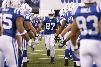 INDIANAPOLIS - DECEMBER 28:  Reggie Wayne #99 of the Indianapolis Colts greets teammates as he is introduced before the game against the Tennessee Titans on December 28, 2008 at Lucas Oil Stadium in Indianapolis, Indiana. (Photo by: Jamie Squire/Getty Ima