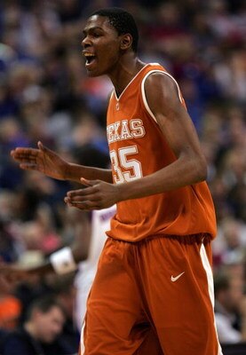 OKLAHOMA CITY - MARCH 11:  Guard Kevin Durant #35 of the Texas Longhorns reacts during their game against the Kansas Jayhawks in the finals of the Phillips 66 Big 12 Men's Basketball Championship on March 11, 2007 at the Ford Center in Oklahoma City, Okla