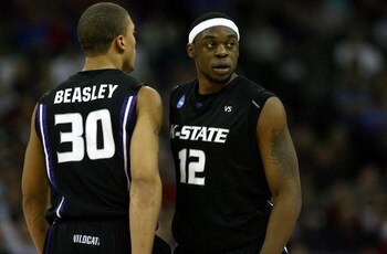 OMAHA, NE - MARCH 20:  Bill Walker #13 (R) and Michael Beasley #30 of the Kansas State Wildcats stand on court against the USC Trojans during the Midwest Region first round of the 2008 NCAA Men's Basketball Tournament on March 20, 2008 at the Qwest Center