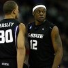 OMAHA, NE - MARCH 20:  Bill Walker #13 (R) and Michael Beasley #30 of the Kansas State Wildcats stand on court against the USC Trojans during the Midwest Region first round of the 2008 NCAA Men's Basketball Tournament on March 20, 2008 at the Qwest Center