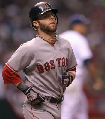 ST PETERSBURG, FL - OCTOBER 19:  Dustin Pedroia #15 of the Boston Red Sox walks to first base after being hit by a pitch from pitcher Matt Garza #22 of the Tampa Bay Rays in game seven of the American League Championship Series during the 2008 MLB playoff