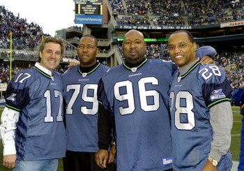 Seattle Seahawks old timers Dave Krieg (17), Jacob Green (79), Cortez Kennedy (96)  and Curt Warner  (28) before the NFC Championship game January 22, 2006 in Seattle.  (Photo by Al Messerschmidt/Getty Images)