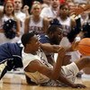 HARTFORD, CT - FEBRUARY 16:  Hasheem Thabeet #34 of the Connecticut Huskies and DeJuan Blair #45  of the Pittsburgh Panthers fight for the loose ball on February 16, 2009 at XL Center  in Hartford, Connecticut.  (Photo by Elsa/Getty Images)