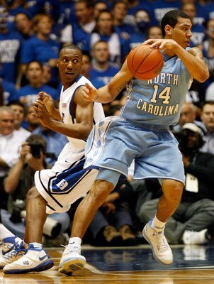 DURHAM, NC - FEBRUARY 11:  Danny Green #14 of the North Carolina Tar Heels dribbles past Nolan Smith #2 of the Duke Blue Devils during the game on February 11, 2009 at Cameron Indoor Stadium in Durham, North Carolina.  (Photo by Kevin Cox/Getty Images)