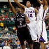 ATLANTA - MARCH 13:  Devan Downey #2 of the South Carolina Gamecocks has a shot blocked by Garrett Temple #14 of the Louisiana State University Tigers during the SEC Basketball Tournament on March 13, 2008 at the Georgia Dome in Atlanta, Georgia.  (Photo 