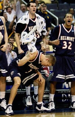 WASHINGTON - MARCH 20:  Keaton Belcher #3, Will Peeples #33 and Jordan Campbell #32 of the Belmont Bruins react to a play from the bench against the Duke Blue Devils during the first round of the West Regional as part of the 2008 NCAA Men's Basketball Tou