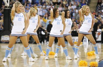 INDIANAPOLIS - APRIL 01:  The UCLA Bruins cheerleaders perform as they take on the LSU Tigers during the semifinal game of the NCAA Men's Final Four on April 1, 2006 at the RCA Dome in Indianapolis, Indiana.  (Photo by Andy Lyons/Getty Images)