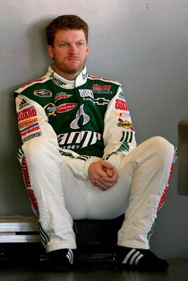 DAYTONA BEACH, FL - FEBRUARY 13:  Dale Earnhardt Jr, driver of the #88 Amp Energy/National Gaurd Chevrolet waits in his garage during practice for the NASCAR Sprint Cup Series Daytona 500 at Daytona International Speedway on February 13, 2009 in Daytona B