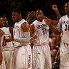 NEW YORK - MARCH 13:  A.J. Price #12, Craig Austrie #24, Jeff Adrien #4, Stanley Robinson #21 and Hasheem Thabeet #34  of the Connecticut Huskies looks on against the West Virginia Mountaineers during day two of the 2008 Big East Men's Basketball Champion