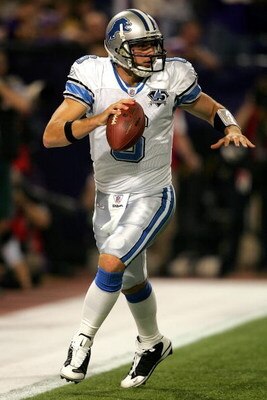 MINNEAPOLIS - OCTOBER 12:  Quarterback Dan Orlovsky #6 of the Detroit Lions steps out of the back of the endzone for a safety against the Minnesota Vikings at the HHH Metrodome October 12, 2008 in Minneapolis, Minnesota.  (Photo by Matthew Stockman/Getty 
