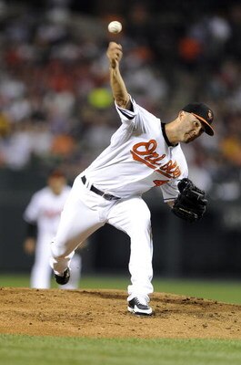 BALTIMORE - AUGUST 18:  Jeremy Guthrie #46 of the Baltimore Orioles pitches against the Boston Red Sox August 18, 2008 at Camden Yards in Baltimore, Maryland.  (Photo by Greg Fiume/Getty Images)
