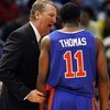 BIRMINGHAM, AL - MARCH 21:  Coach Greg Graham talks with Anthony Thomas #11 of the boise State Broncos during the first round of the East Regional as part of the 2008 NCAA Men's Basketball Tournament at the Birmingham-Jefferson Civic Center on March 21, 2