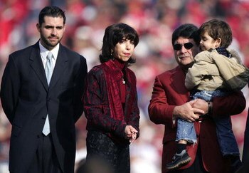 SAN FRANCISCO - NOVEMBER 19:  (L-R) Jed York, Denise DeBartolo York and Eddie DeBartolo look on during a ceremony held in Jerry Rice's honor during half time of the NFL game between the San Francisco 49ers and the Seattle Seahawks at Monster Park on Novem